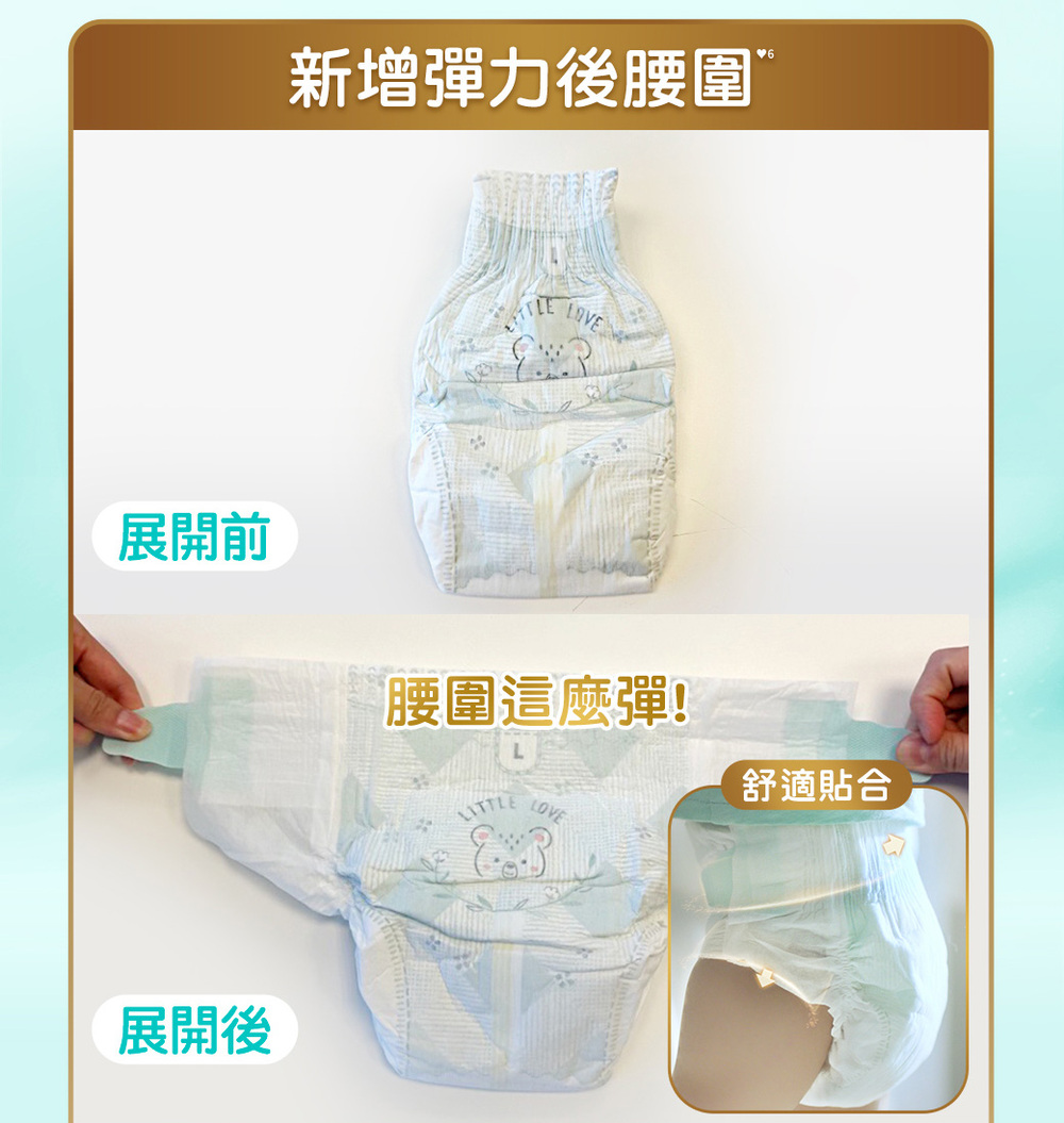 新增彈力後腰圍 展開前 腰圍這麼彈 展開後 舒適貼合 