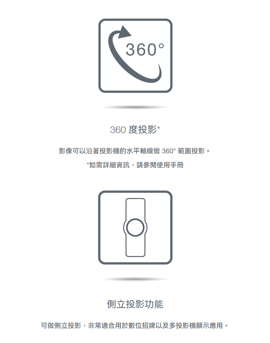360 度投影 影像可以沿著投影機的水平軸線做360範圍投影。 如需詳細資訊,請參閱使用手冊 側立投影功能 可做側立投影,非常適合用於數位招牌以及多投影機顯示應用。 