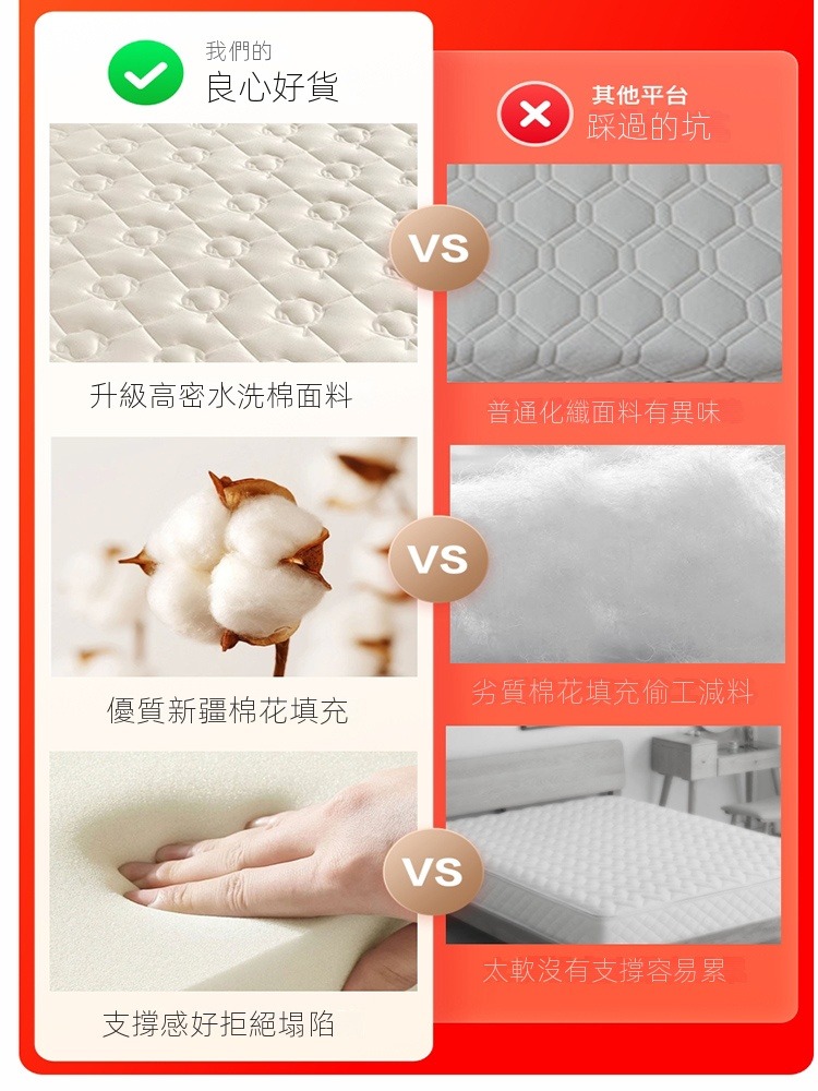 歐德沐 加厚棉花床墊90*200cm A類母嬰級 抗菌防螨 