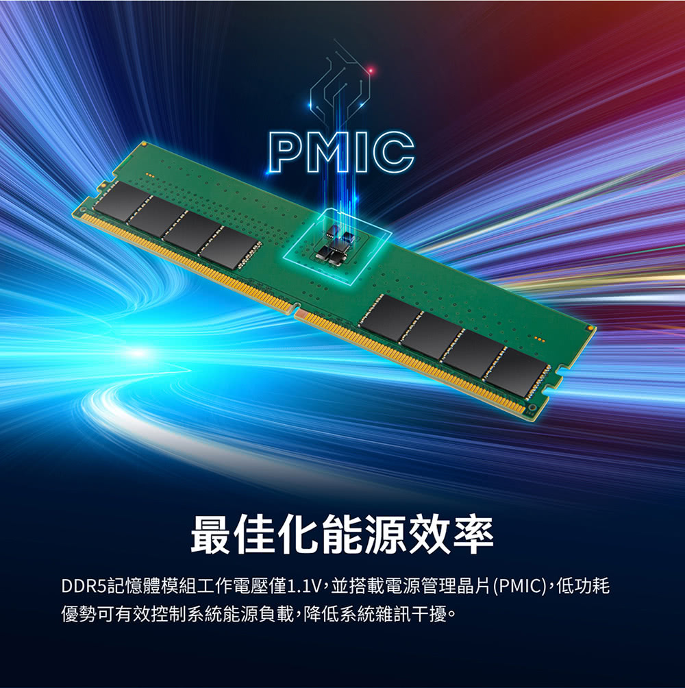 我此行共用 ... 最佳化能源效率 DDR5記憶體模組工作電壓僅1.1V,並搭載電源管理晶片PMIC,低功耗 優勢可有效控制系統能源負載,降低系統雜訊干擾。 
