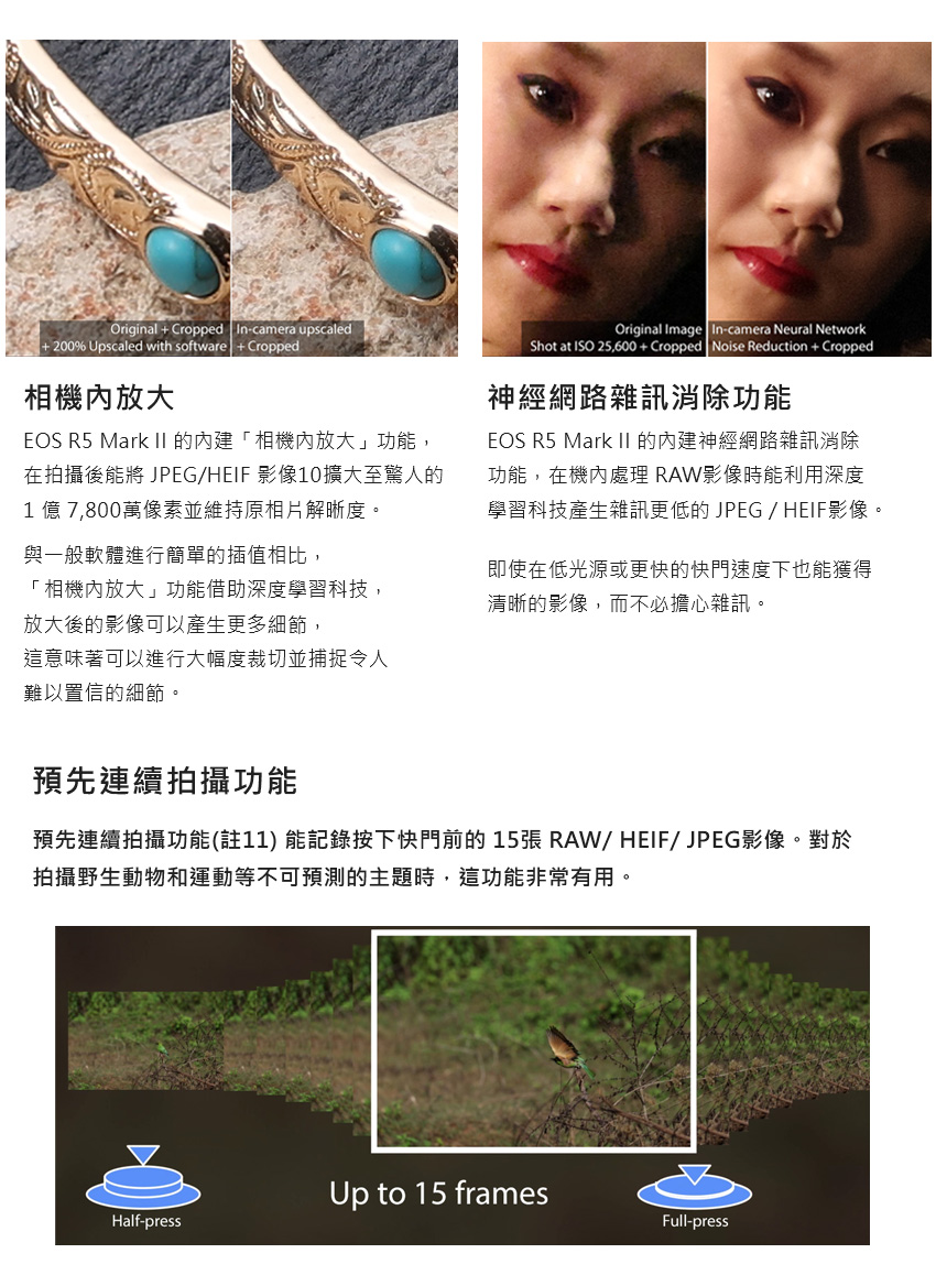 預先連續拍攝功能註11 能記錄按下快門前的 15張 RAW HEIFJPEG影像。對於