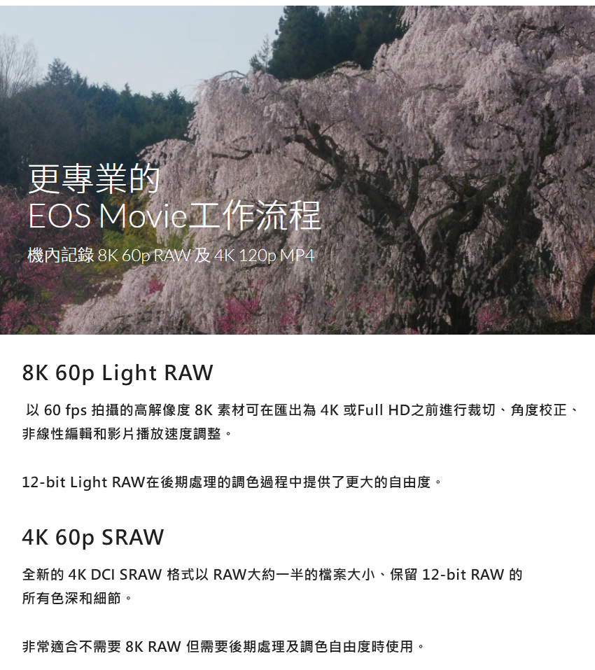 以 60 fps 拍攝的高解像度 8K 素材可在匯出為4K 或Full HD之前進行裁切、角度校正、