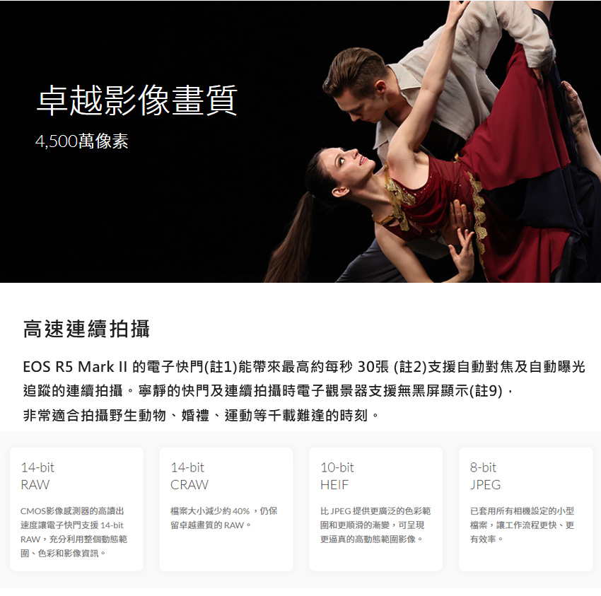EOS R5 Mark II 的電子快門註1能帶來最高約每秒30張註2支援自動對焦及自動曝光