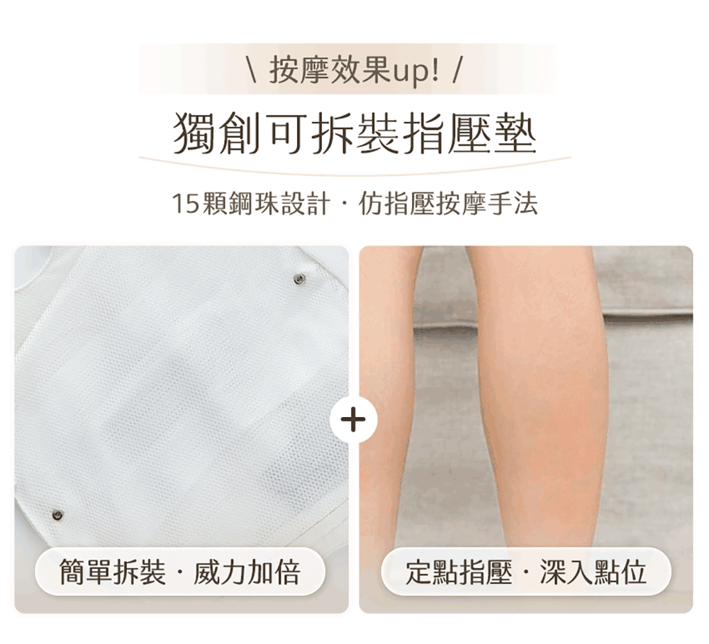 按摩效果up 獨創可拆裝指壓墊 15顆鋼珠設計仿指壓按摩手法 簡單拆裝威力加倍 定點指壓深入點位 