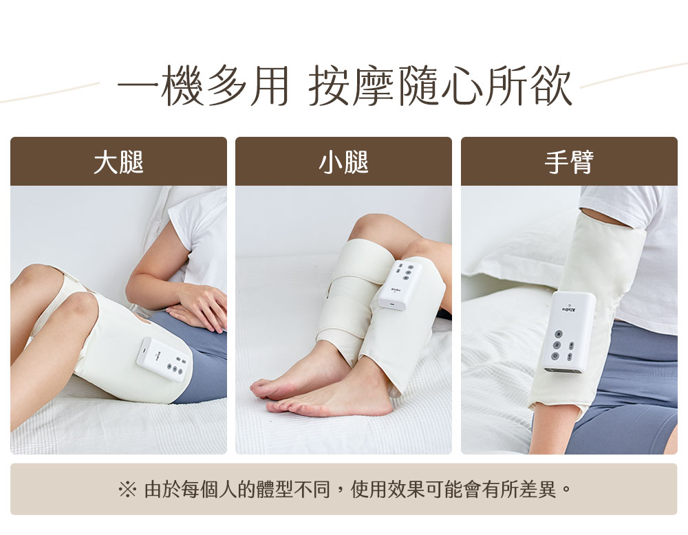 一機多用 按摩隨心所欲 大腿 小腿 手臂 由於每個人的體型不同,使用效果可能會有所差異。 