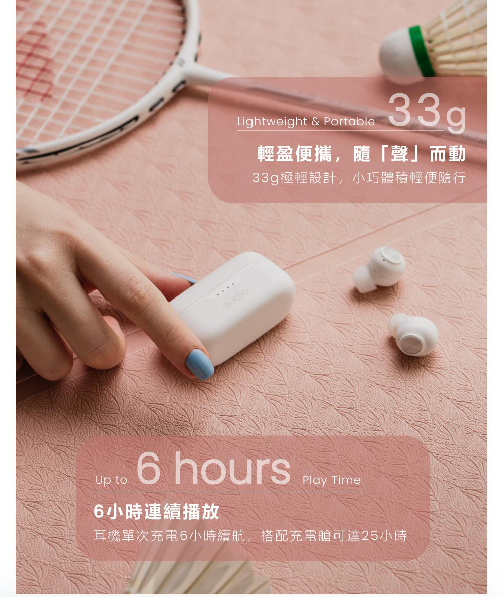 輕盈便攜,隨聲而動 33g極輕設計,小巧體積輕便隨行 6小時連續播放 耳機單次充電6小時續航,搭配充電艙可達25小時 