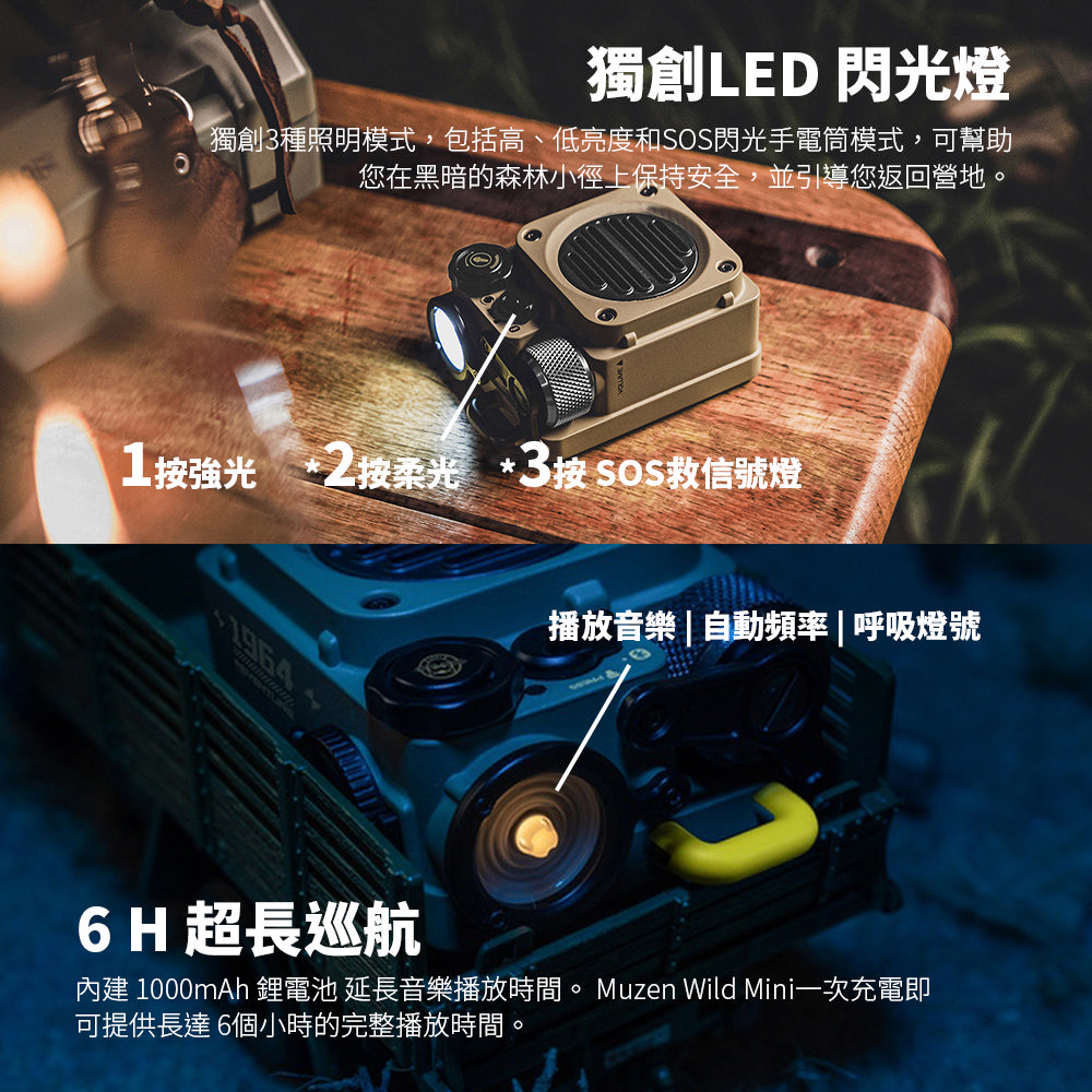 內建 1000mAh 鋰電池 延長音樂播放時間。 Muzen Wild Mini一次充電即
