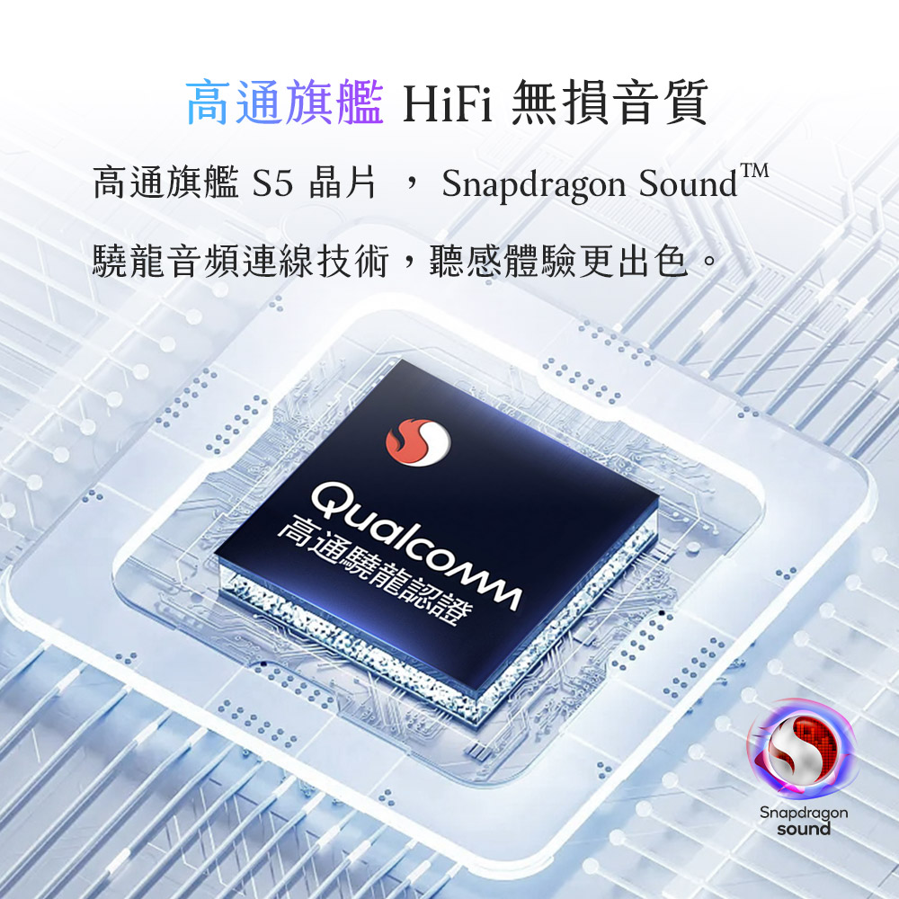 高通旗艦 HiFi 無損音質 高通旗艦 S5晶片 驍龍音頻連線技術,聽感體驗更出色。 高通驍龍認證 