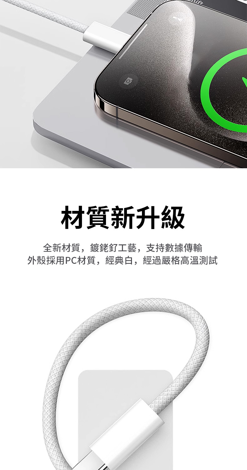 材質新升級 全新材質,鍍銠釕工藝,支持數據傳輸 外殼採用PC材質,經典白,經過嚴格高溫測試 