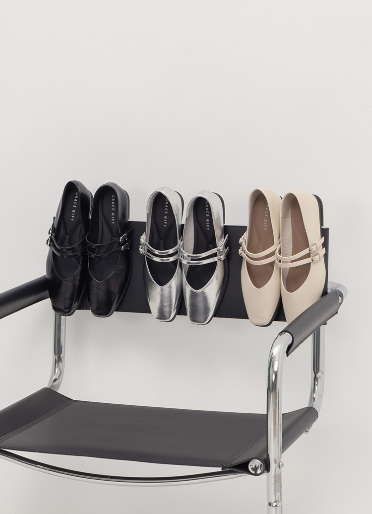 Grace Gift 微甜方頭雙帶平底瑪莉珍鞋(銀)品牌優惠