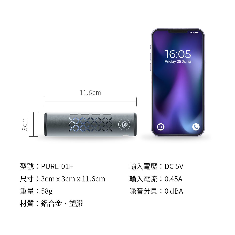 輸入電流0.45A 重量58g 材質鋁合金、塑膠 噪音分貝0dBA 