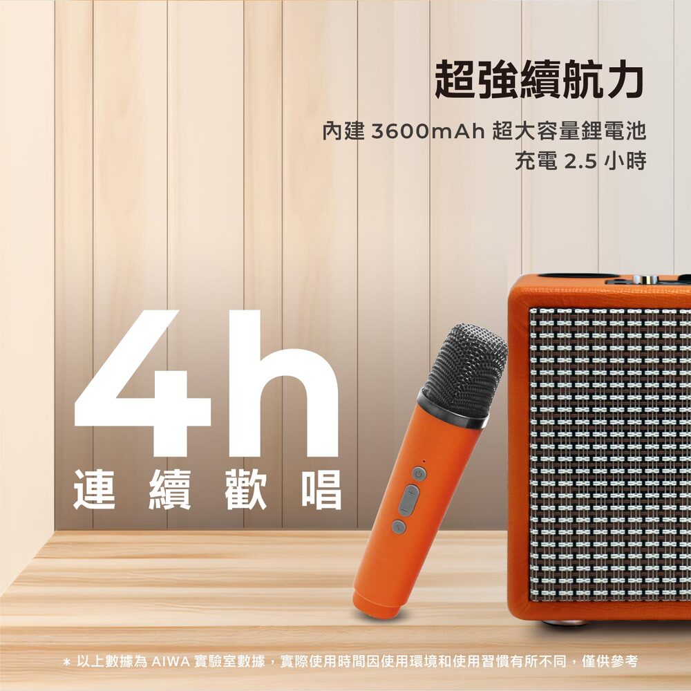 超強續航力 內建3600mAh 超大容量鋰電池 充電 2.5 小時 連續歡唱 以上數據為AIWA 實驗室數據,實際使用時間因使用環境和使用習慣有所不同,僅供參考 