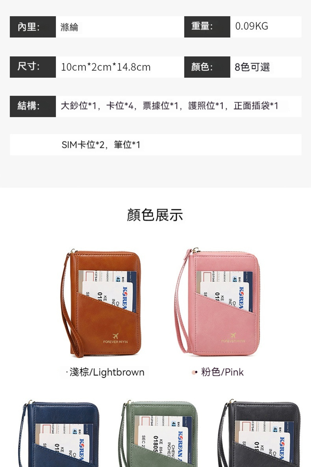 大鈔位1,卡位4,票據位1,護照位1,正面插袋1