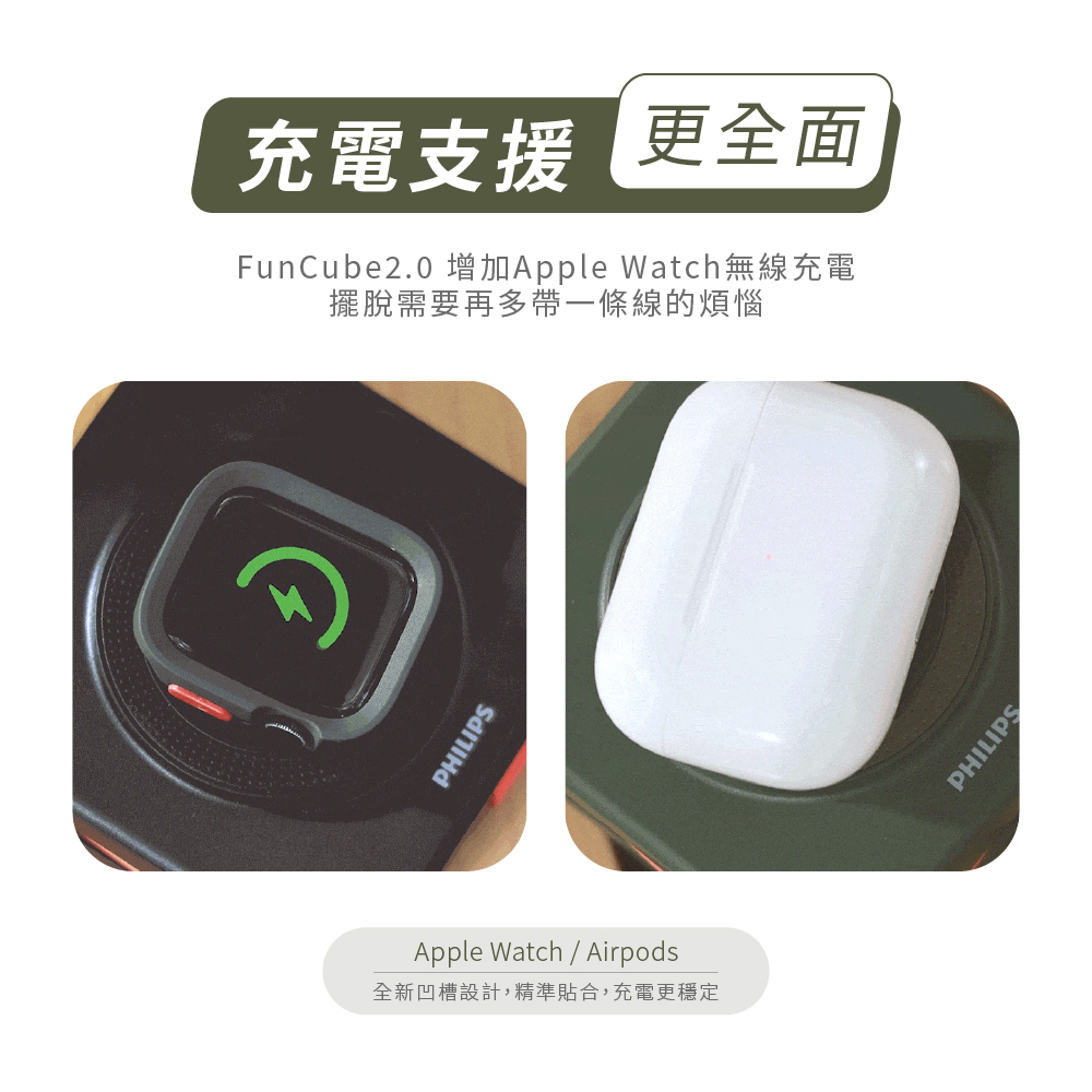 充電支援 更全面 FunCube2.0 增加Apple Watch無線充電 擺脫需要再多帶一條線的煩惱 全新凹槽設計,精準貼合,充電更穩定 