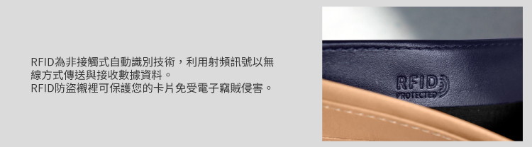 RFID為非接觸式自動識別技術,利用射頻訊號以無 線方式傳送與接收數據資料。 RFID防盜襯裡可保護您的卡片免受電子竊賊侵害。 