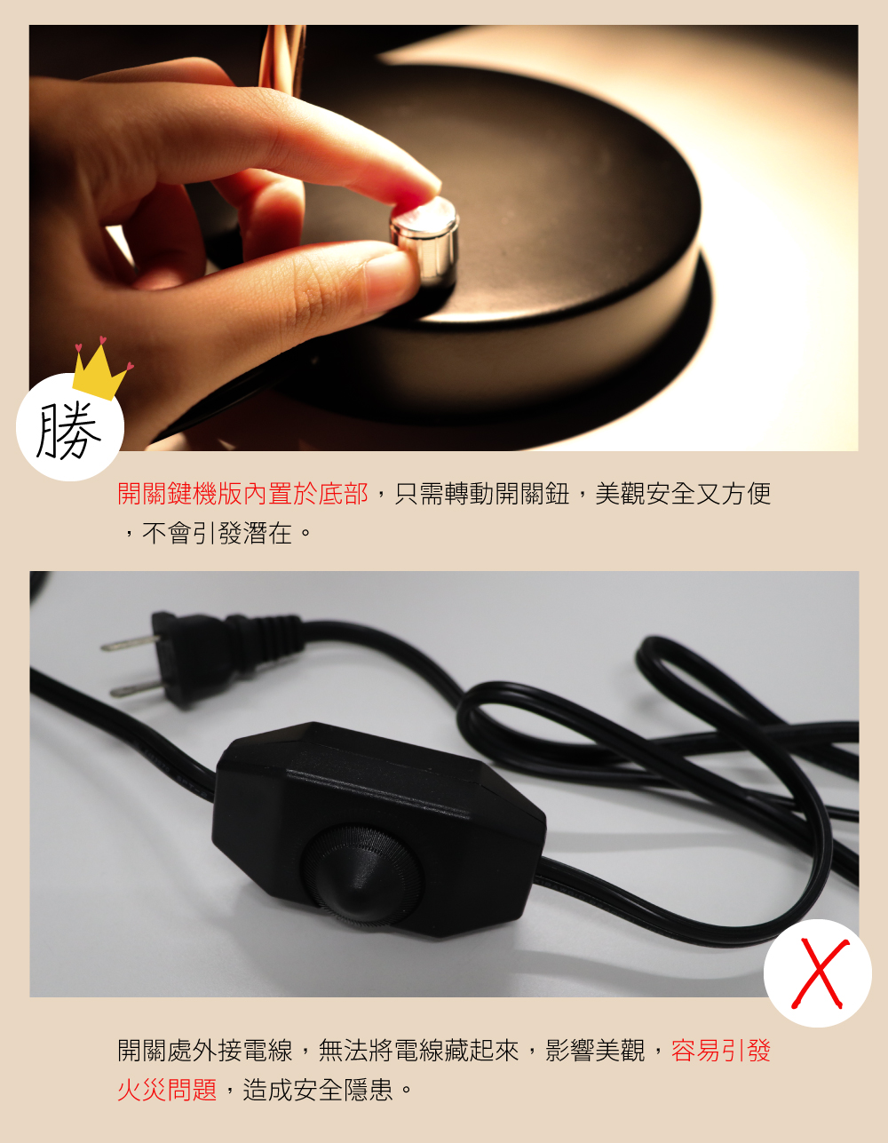 開關鍵機版內置於底部,只需轉動開關鈕,美觀安全又方便 不會引發潛在。 開關處外接電線,無法將電線藏起來,影響美觀,容易引發 火災問題,造成安全隱患。 