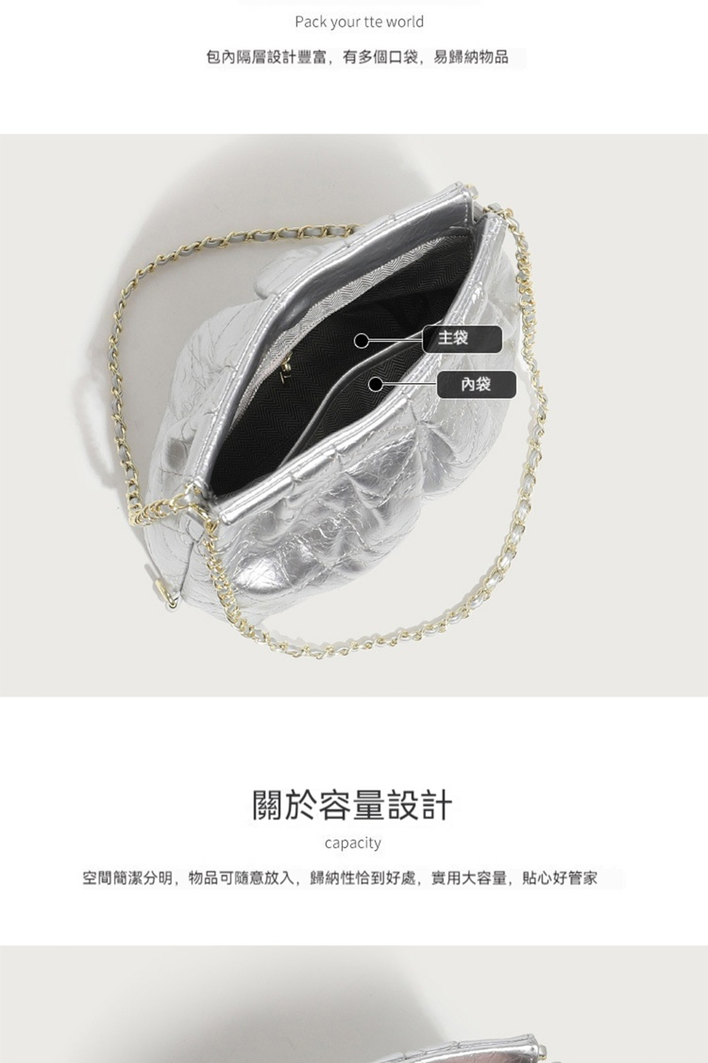 包內隔層設計豐富,有多個口袋,易歸納物品 主袋 內袋 關於容量設計 空間簡潔分明,物品可随意放入,歸納性恰到好處,實用大容量,貼心好管家 