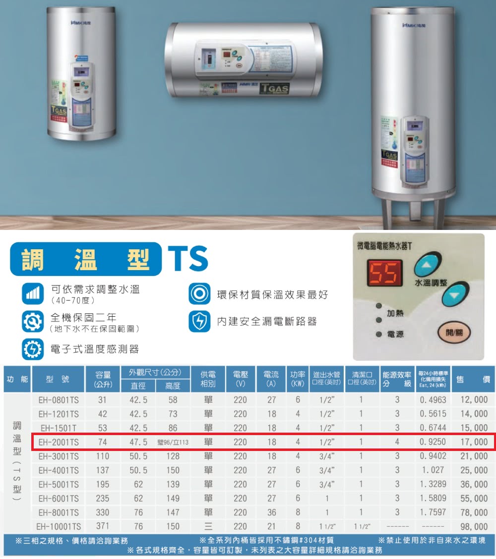 HMK 鴻茂 調溫型壁掛式儲熱式電能熱水器 20加侖(EH-