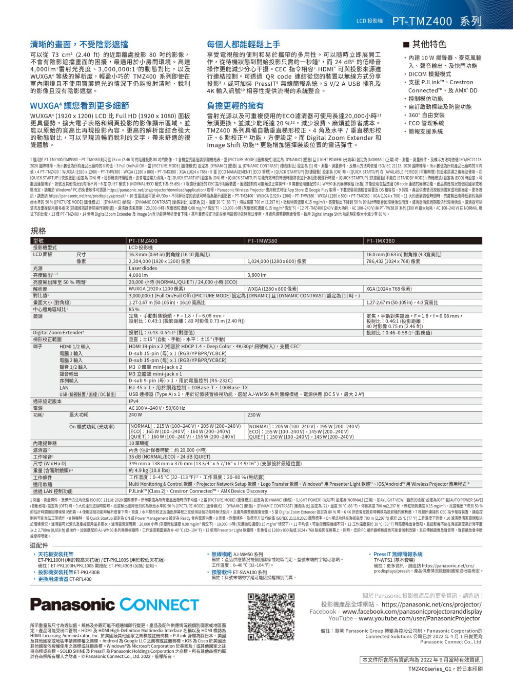 區而定。適用於 Windows PC 的免費軟件可透過 httpspanasonic.netonsprojectordownloadapplication取得。Panasonic Wireless Projector 應用程式可從 App Store 或 Google Play 取得。下載安裝前請檢查装置及 OS 相容性。9另售。產品供應情況視個別國家或地區而定。更多資