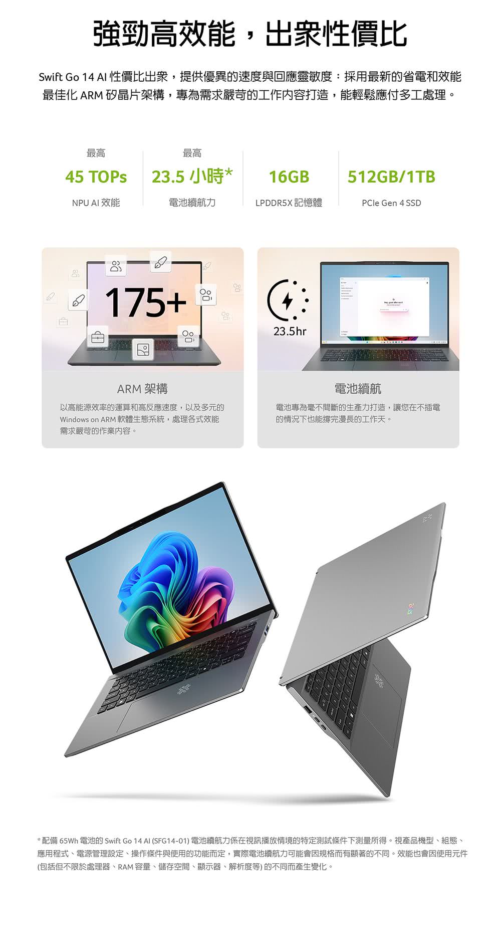 配備 65Wh 電池的 Swift Go 14 AI SFG1401 電池續航力係在視訊播放情境的特定測試條件下測量所得。視產品機型、組態、