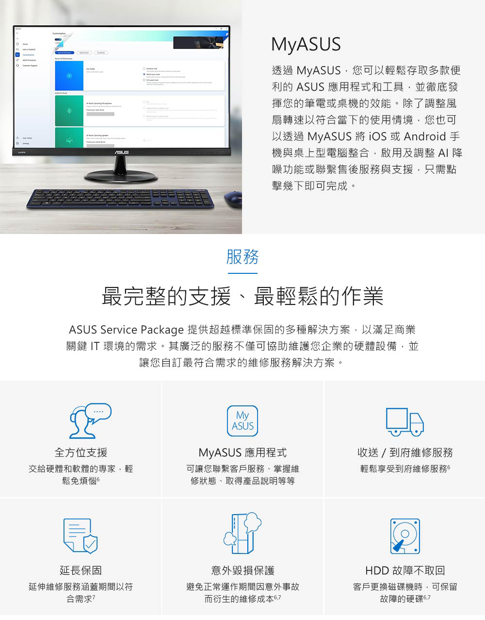 ASUS Service Package 提供超越標準保固的多種解決方案,以滿足商業