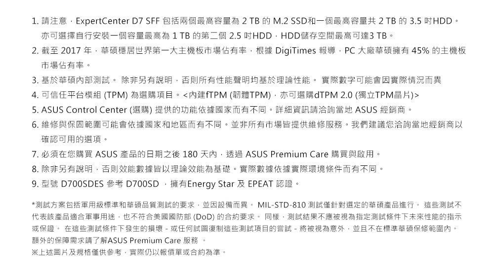 1. 請注意,ExpertCenter D7 SFF 包括兩個最高容量為 2 TB 的 M.2 SSD和一個最高容量共 2 TB 的 3.5 吋HDD。