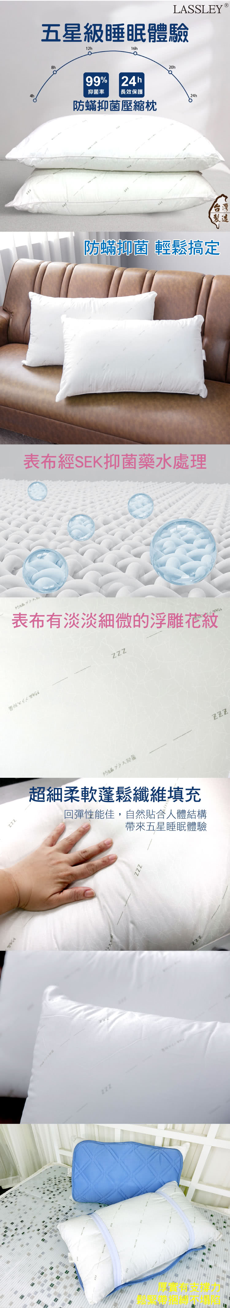 LASSLEY 防蟎抑菌枕壓縮枕 1入組(表布經SEK藥水處