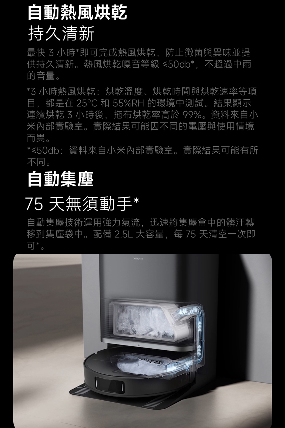 移到集塵袋中。配備 2.5L 大容量,每75 天清空一次即