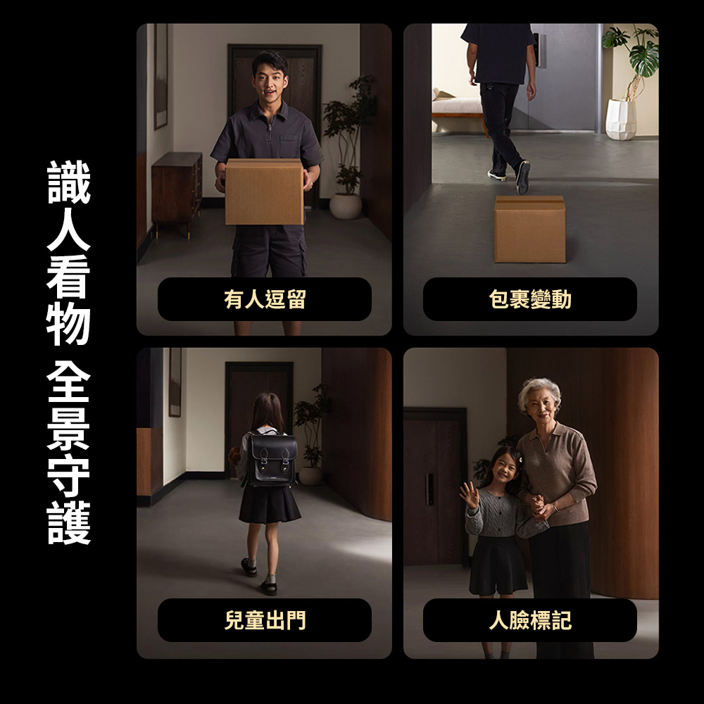 識人看物 全景守護 有人逗留 包裹變動 兒童出門 人臉標記