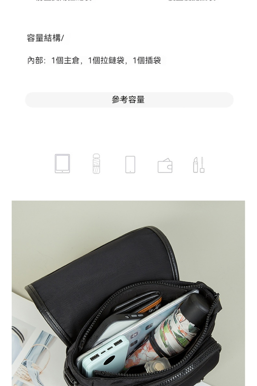 容量結構 內部1個主倉,1個拉鏈袋,1個插袋 參考容量 