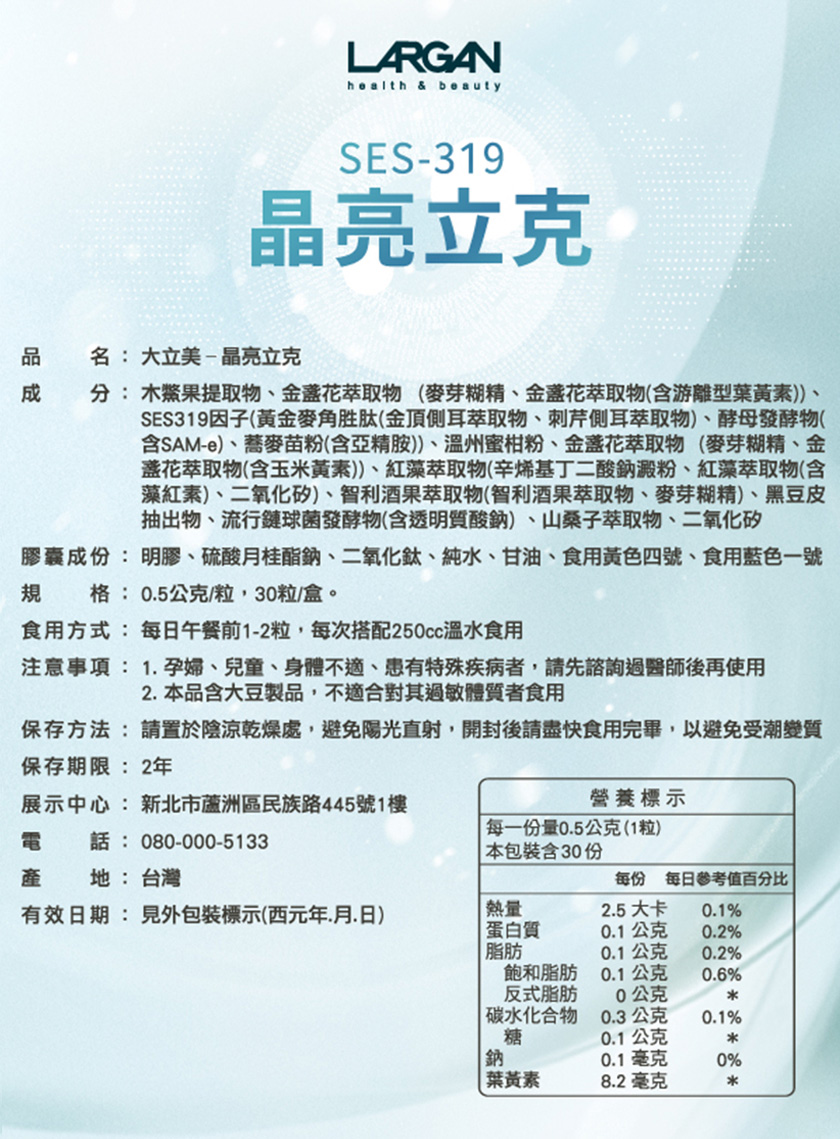 膠囊成份明膠、硫酸月桂酯鈉、二氧化鈦、純水、甘油、食用黃色四號、食用藍色一號