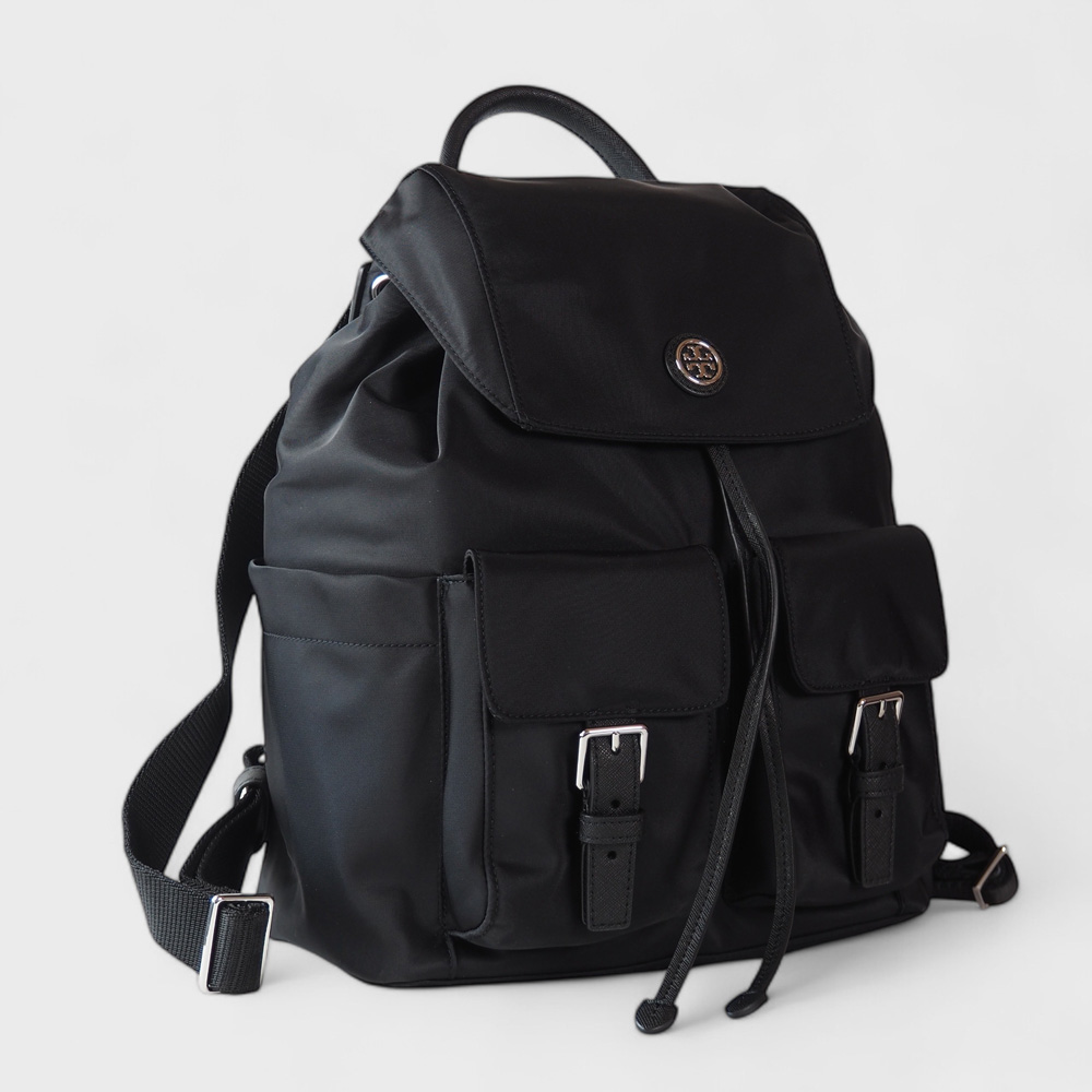 TORY BURCH 雙口袋翻蓋束口尼龍後背包(黑色) 推薦