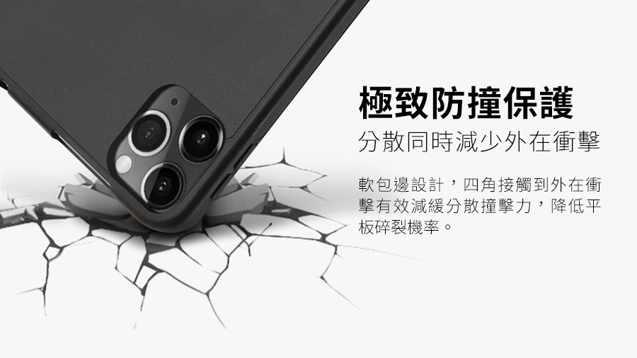 極致防撞保護 分散同時減少外在衝擊 軟包邊設計,四角接觸到外在衝 擊有效減緩分散撞擊力,降低平 板碎裂機率。 
