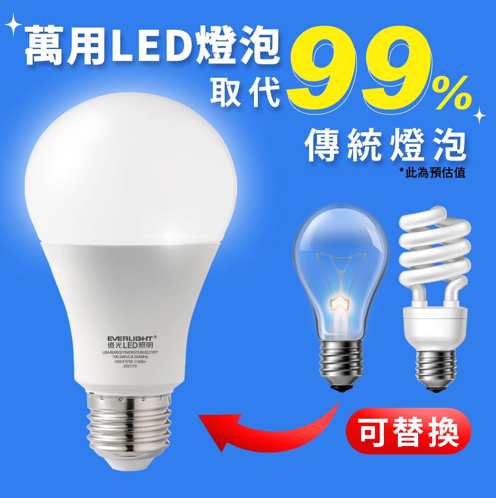 萬用LED燈泡99% 傳統燈泡 億光LED照明 此為預估值 可替換 