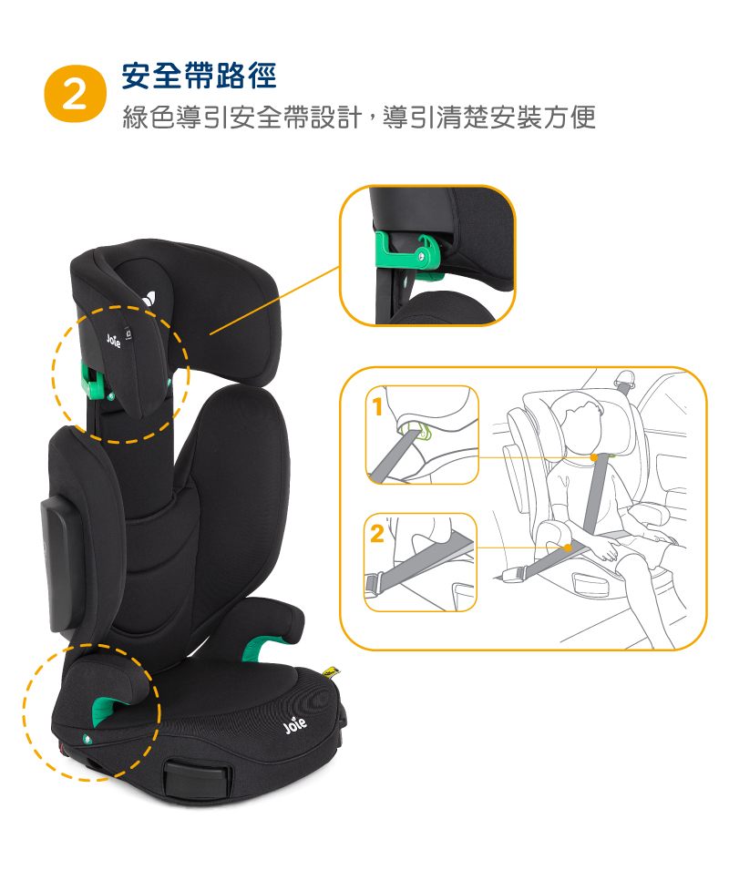 安全帶路徑 綠色導引安全帶設計,導引清楚安裝方便