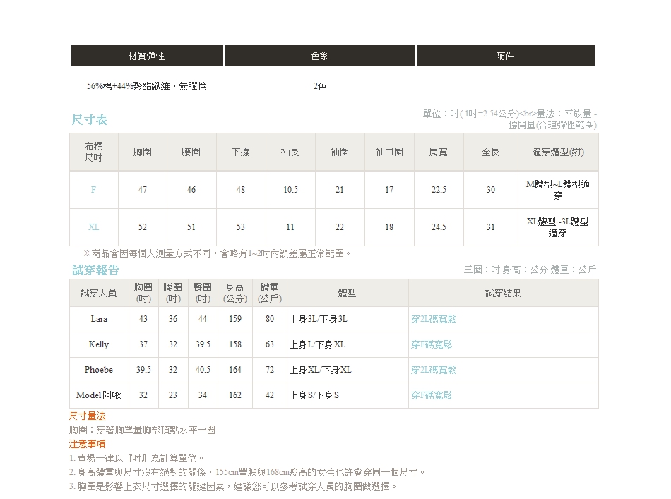 2. 身高體重與尺寸沒有絕對的關係,155cm豐腴與168cm瘦高的女生也許會穿同一個尺寸。