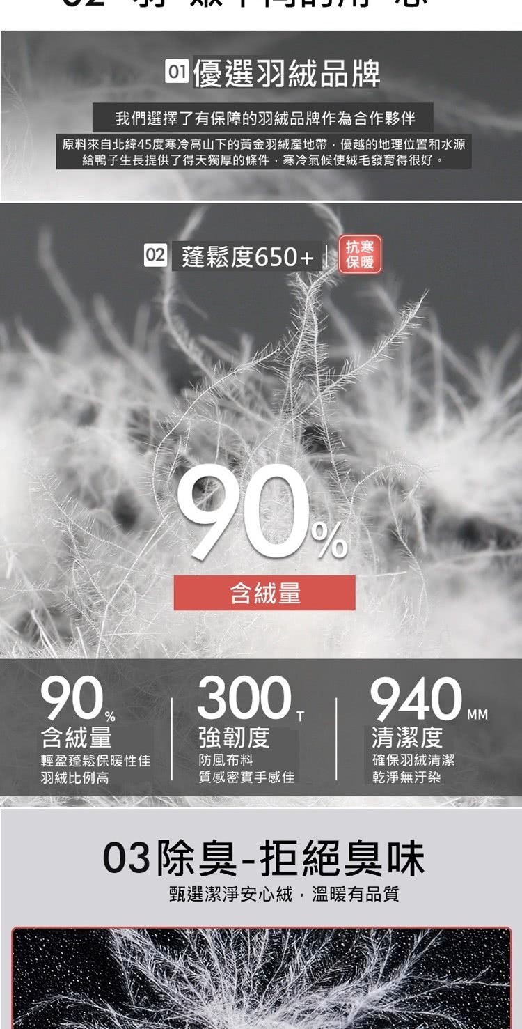 原料來自北緯45度寒冷高山下的黃金羽絨產地帶,優越的地理位置和水源