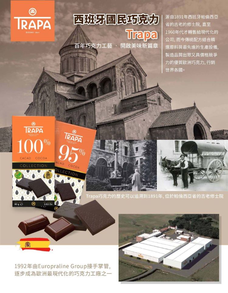 Trapa巧克力的歷史可以追溯到1891年,位於帕倫西亞省的古老修士院