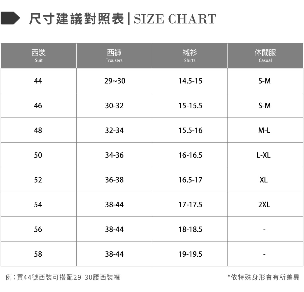 尺寸建議對照表 SIZE CHART
