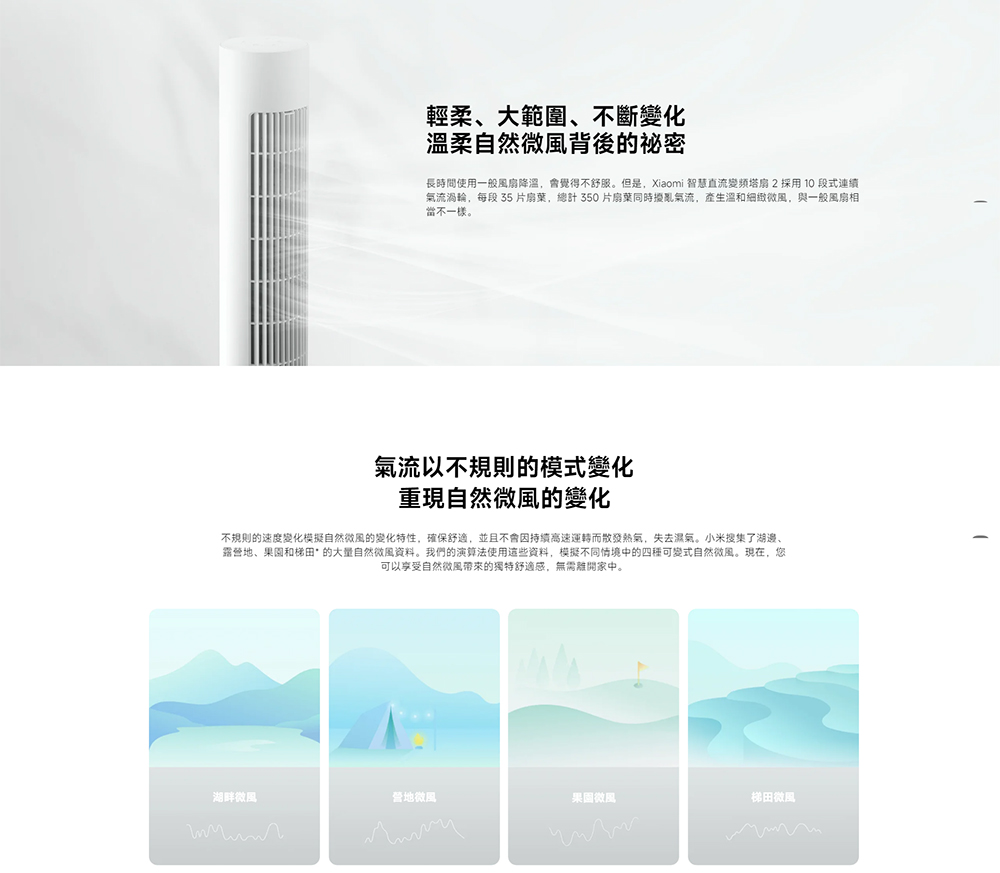 不規則的速度變化模擬自然微風的變化特性,確保舒適,並且不會因持續高速運轉而散發熱氣,失去濕氣。小米搜集了湖邊、