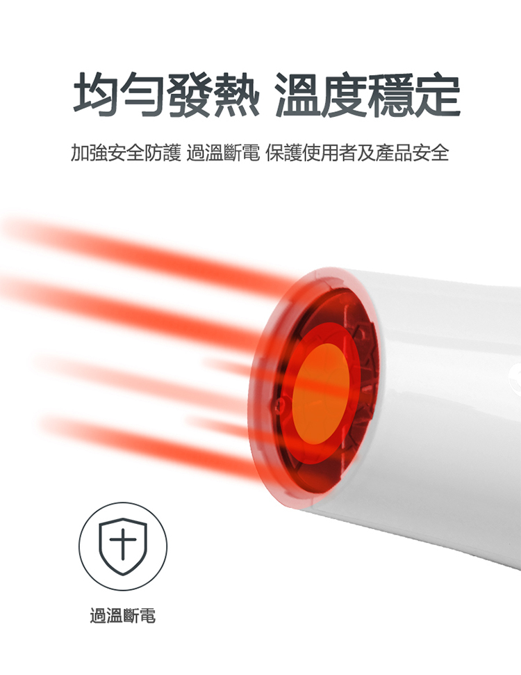 均勻發熱 溫度穩定 加強安全防護 過溫斷電保護使用者及產品安全 過溫斷電 