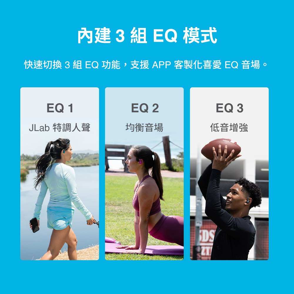 內建 3組 EQ 模式 快速切換 3 組 EQ功能,支援APP客製化喜愛 EQ 音場。 JLab 特調人聲 均衡音場 低音增強 
