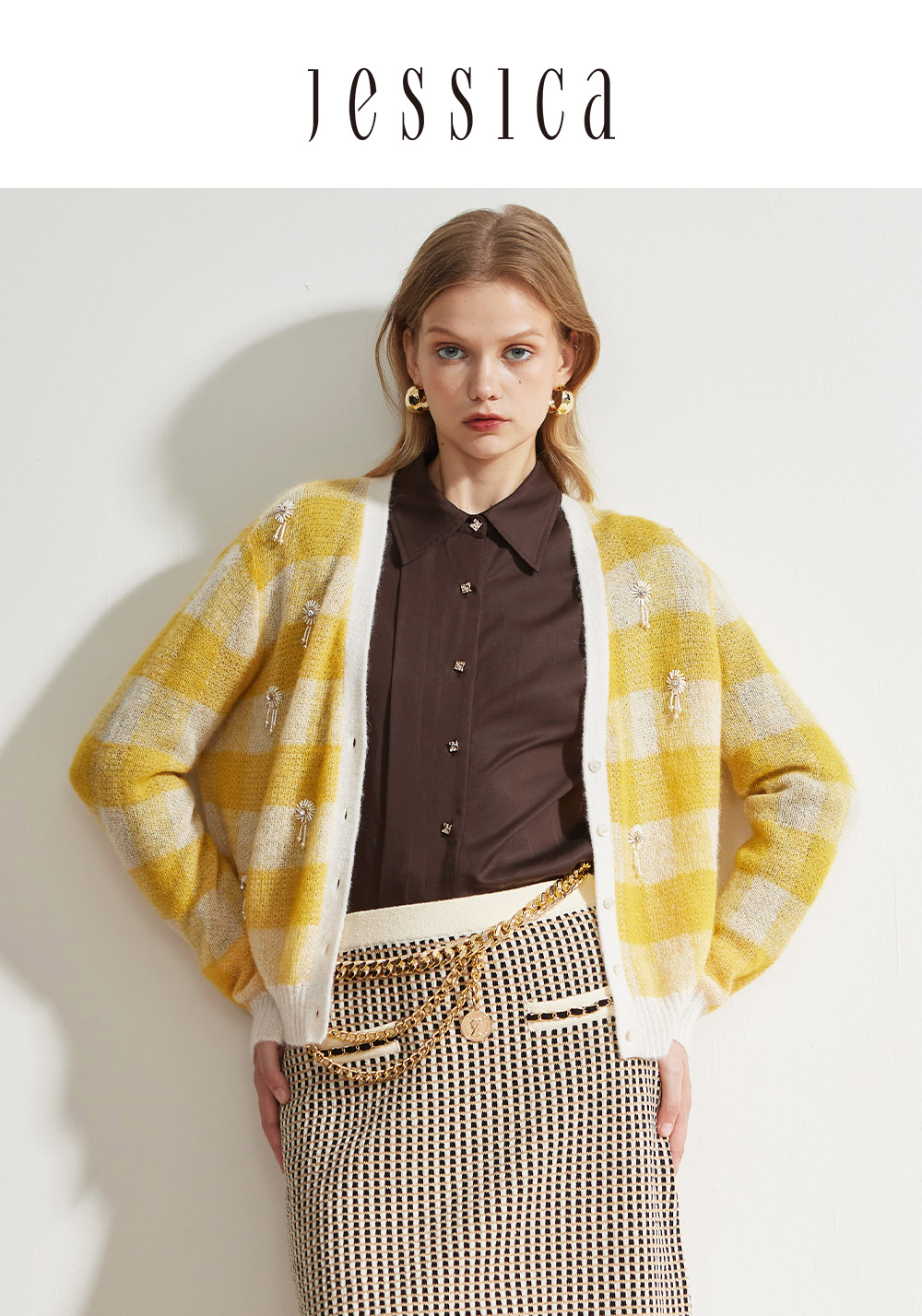 JESSICA 百搭可愛條紋立體花設計V領羊毛針織外套(黃) JESSICA 百搭可愛條紋立體花設計V領羊毛針織外套(黃)