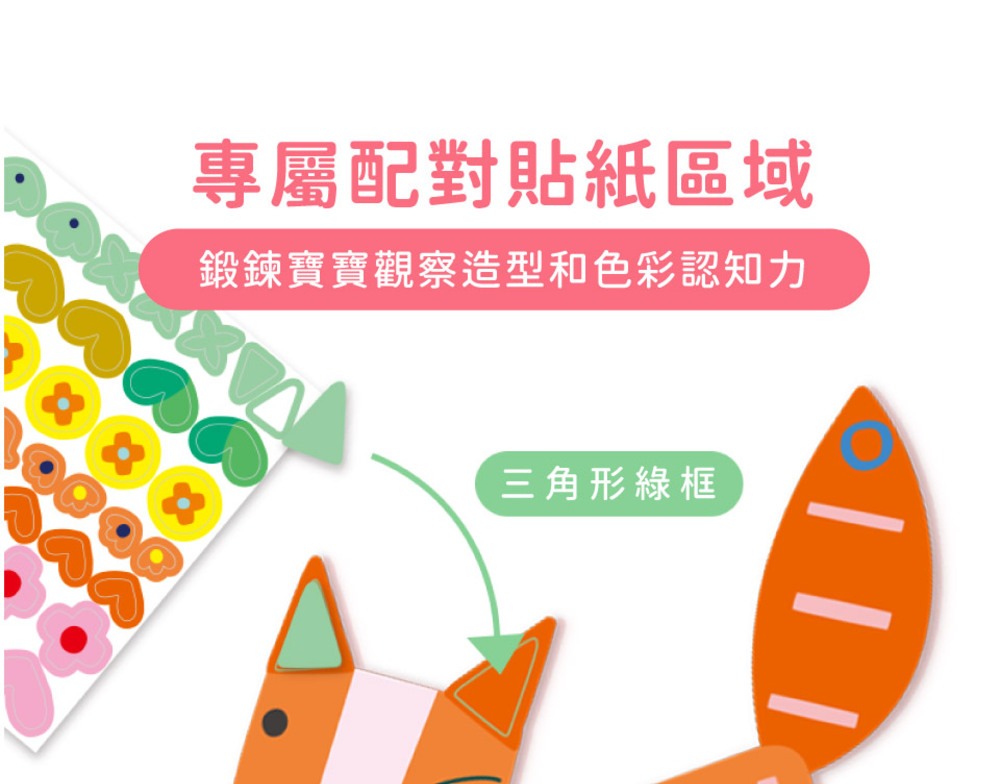專屬配對貼紙區域 鍛鍊寶寶觀察造型和色彩認知力 三角形綠框 