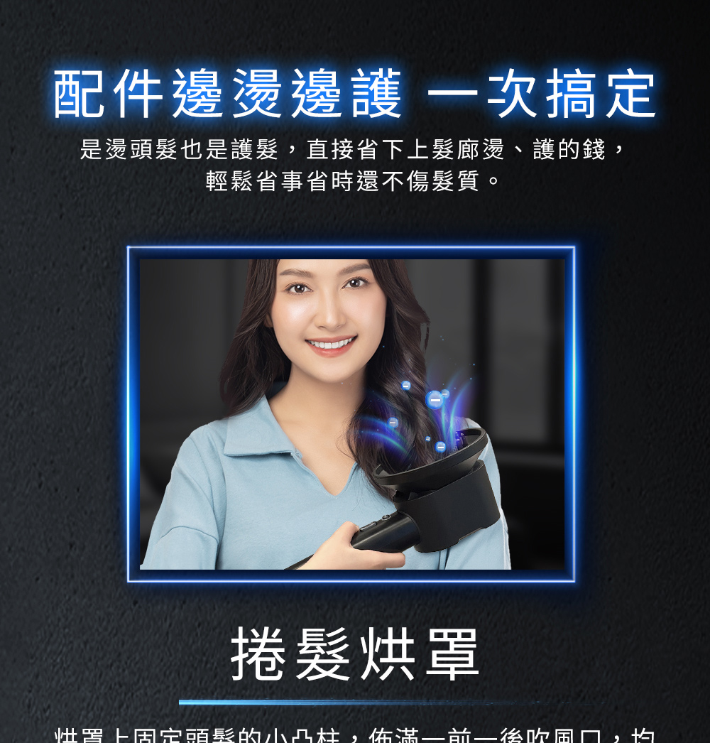 配件邊燙邊護 一次搞定 是燙頭髮也是護髮,直接省下上髮廊燙、護的錢, 輕鬆省事省時還不傷髮質。 捲髮烘罩 性罟上固定頭髮的小凸柱,佈滿一前一後吹国口,均 