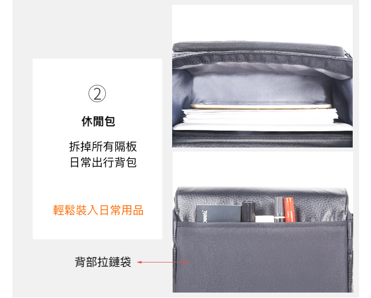 休閒包 拆掉所有隔板 日常出行背包 輕鬆裝入日常用品 背部拉鏈袋