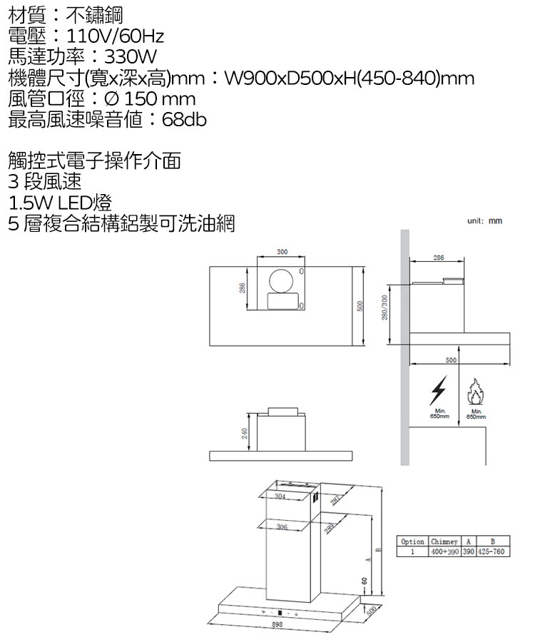 Glem Gas 掛壁式油煙機(G90M79 - 不含安裝)