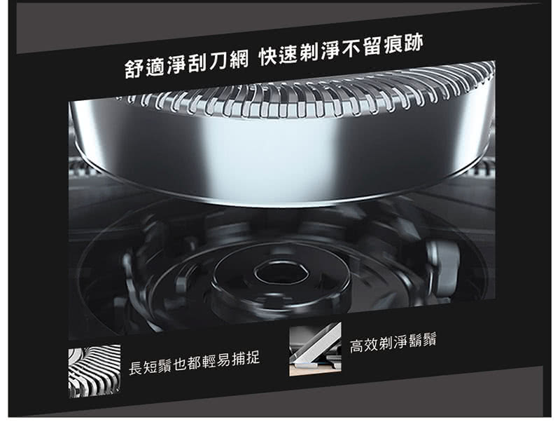 舒適淨刮刀網 快速剃淨不留痕跡 長短鬚也都輕易捕捉 高效剃淨鬍鬚 