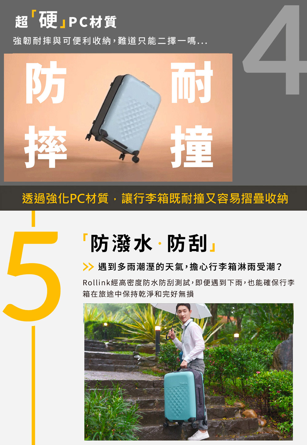 Rollink經高密度防水防刮測試,即便遇到下雨,也能確保行李