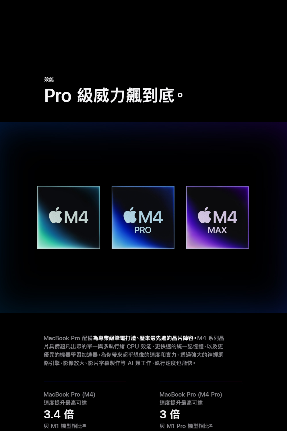 MacBook Pro 配備為專業級筆電打造、歷來最先進的晶片陣容。M4 系列晶